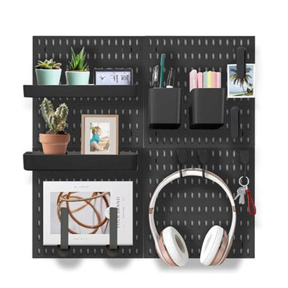 Pegboard Wall Organization Accessories Pack - 25 Pieces of White Hooks, Storage Bins & Fastening Strips(Black) - color: Black
