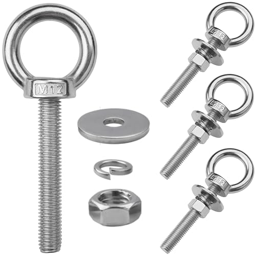 4 Pack M12 Stainless Steel Eye Bolts with Nuts, 1/2" x 3" Eye Bolts | 304 Stainless Steel Eye Bolt,Eye Bolts Heavy Duty for Hang Tie Down Outdoor,1/2 eye bolts with nuts,m12 eye bolts - size: M12x77mm (1/2"x3")