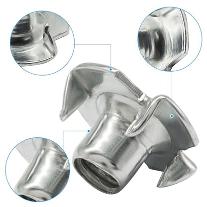 1/4"-20 T-Nuts, 100 Pack, 4 Pronged, Zinc-Plated Steel | 5/16" Barrel, Threaded Insert, For Wood, Rock Climbing Holds, Cabinetry, Furniture