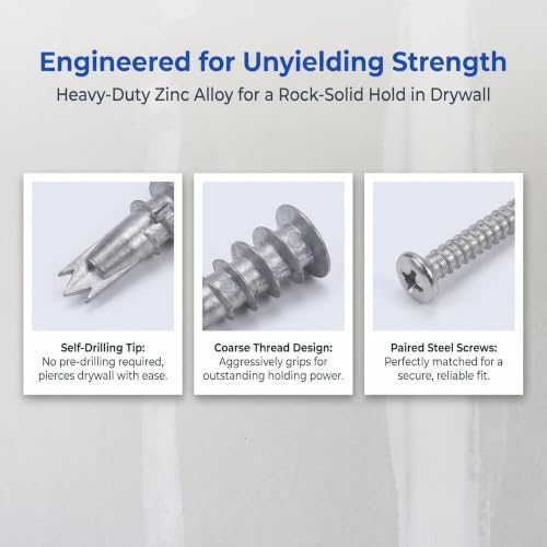 Hemobllo 30 Sets Zinc Alloy Drywall Anchor Screw Kit with Self Drilling Screws and Nylon Expansion Plugs, Reinforced Support, No Extra Holes Required, for Mounting Lights and Shelves