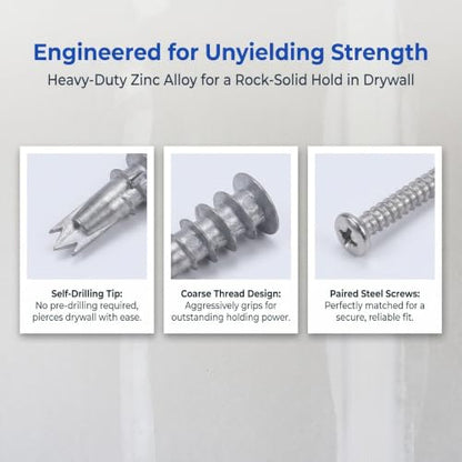 Hemobllo 30 Sets Zinc Alloy Drywall Anchor Screw Kit with Self Drilling Screws and Nylon Expansion Plugs, Reinforced Support, No Extra Holes Required, for Mounting Lights and Shelves