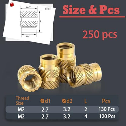 250PCS Brass Heat Set Nuts, M2 Threaded Inserts Assortment | Knurled heat set nuts for 3D printing plastic. Includes M2x2x3.2 (130pcs) & M2x4x3.2 (120pcs). DIY repair embedment inserts. - size: M2*2*3.2,M2*4*3.2（250pcs）