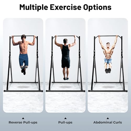 Power Tower Pull Up Bar Station Foldable Pull Up Rack Dip Station 5.74-7.55ft Height Adjustable Home Strength Training Fitness Workout Equipment, Up to 440lbs (No double bar)
