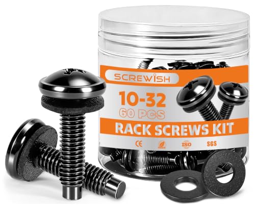 60 Pack 10-32 Rack Screws with Nylon Washers, Self-Guiding Pilot Point, Carbon Steel Black Zinc Plated for Server Racks, Network Cabinets - color: Black, size: 10-32