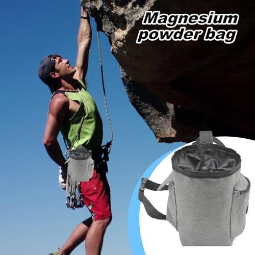 Chalk Bag for Rock Climbing Drawstring Closure Zippered Pockets Adjustable | Chalk Organizer for Rock Climbing, Bouldering, Weightlifting, Gymnastics, Adults Women Men - color: Gray