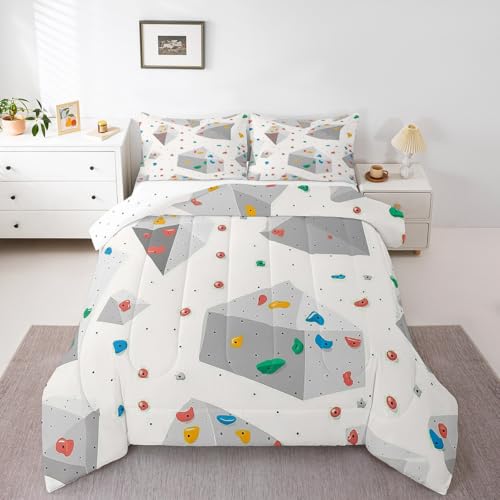 Erosebridal Climbing Wall Twin Bedding Set for Kids Teens Adults, Colorful Climbing Holds Printed Comforter Set, Rock Climbing Bouldering Bedding Comforter Sets, Bouldering Sports Theme Bed Sets - color: Grey White, size: Twin
