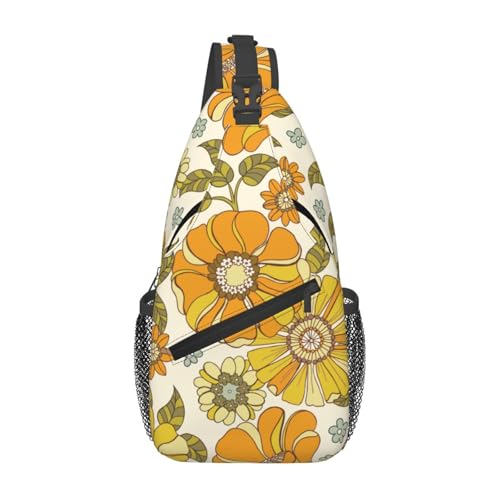 Retro 70s Style Flower Crossbody Sling Bag for Women Men Colorful Large Scale Hand Drawn Floral Pattern Travel Sling Backpack Casual Shoulder Bag Groovy Flowers Print Sports Hiking Daypack - color: Orange Beige