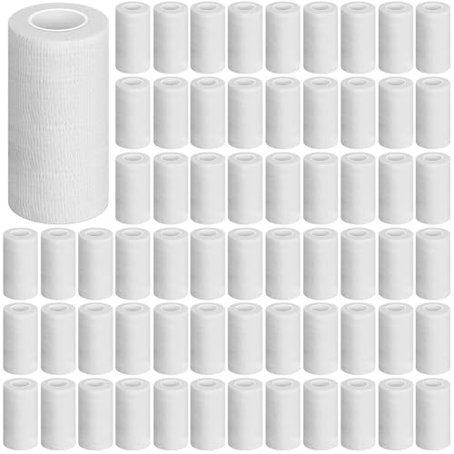 Treela 64 Pack 4" x 5 Yards Self Adhesive Cohesive Bandage Wraps, Elastic Breathable Athletic Tape, Flexible Self Adherent Bandage Rolls for Wrist, Ankle, Fingers, Sports & Pets (White) - color: White, size: 4 Inch X 5 Yard