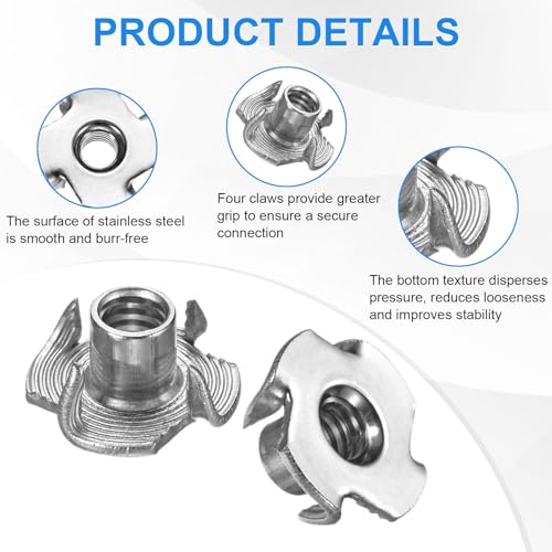 M METERXITY 25-Pack 1/4-UNC T-nut, 6/16" Barrel Length Stainless Steel 4-Pronged Tee Nut Threaded Insert for Wood/Rock Climbing Holds/Furniture, Corrosion Resistant Fasteners - size: 1/4-UNC