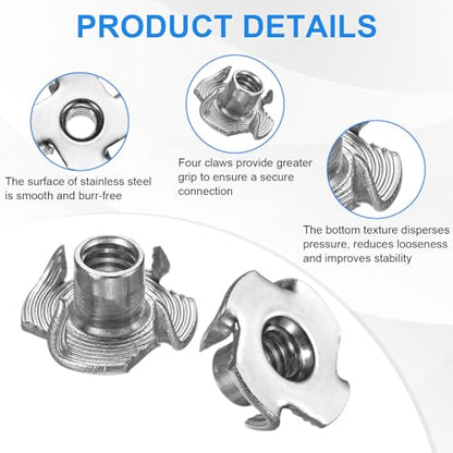 M METERXITY 25-Pack 1/4-UNC T-nut, 6/16" Barrel Length Stainless Steel 4-Pronged Tee Nut Threaded Insert for Wood/Rock Climbing Holds/Furniture, Corrosion Resistant Fasteners - size: 1/4-UNC