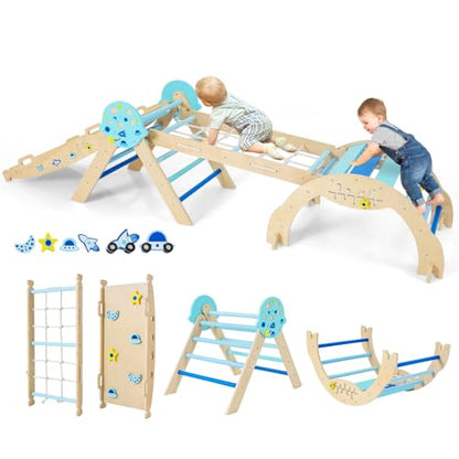 Costzon Pikler Triangle Set, 9-in-1 Foldable Baby Climbing Toys, Wood Montessori Climbing Set for Learning and Motor Skills, Indoor Playground Jungle Gym for Toddlers 3+ Climber Gifts (Blue) - style: 9 in 1 Arch Climber Ladder, Blue