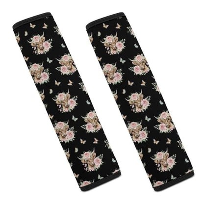 Universal Soft and Comfortable Seat Belt Cover for Adult Use, Stroller Pushchair High Chair, 2 Pack Cute Cattle Floral Crown Highland Cow Shoulder Harness Cover - color: Pattern 687