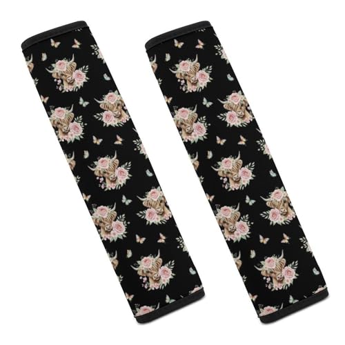 Universal Soft and Comfortable Seat Belt Cover for Adult Use, Stroller Pushchair High Chair, 2 Pack Cute Cattle Floral Crown Highland Cow Shoulder Harness Cover - color: Pattern 687