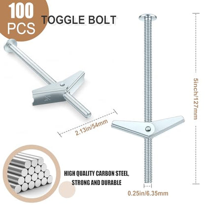Yaocom 100 pcs 1/4'' x 5'' Toggle Bolts Butterfly Screws Anchors Heavy Duty Wall Anchors for Drywall with Wing Nuts for Hanging Heavy Objects on Drywall - size: 1/4" X 5"