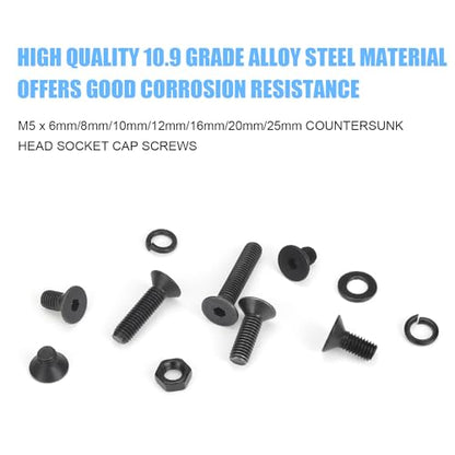 DYWISHKEY 246 Pieces M5 Black Screws, 10.9 Grade Alloy Steel M5x 6/8 /10/12 /16/20 /25mm Countersunk Head Socket Cap Screws Bolts Nuts Washers Assortment Kit - size: M5, style: Countersunk Head Socket Cap