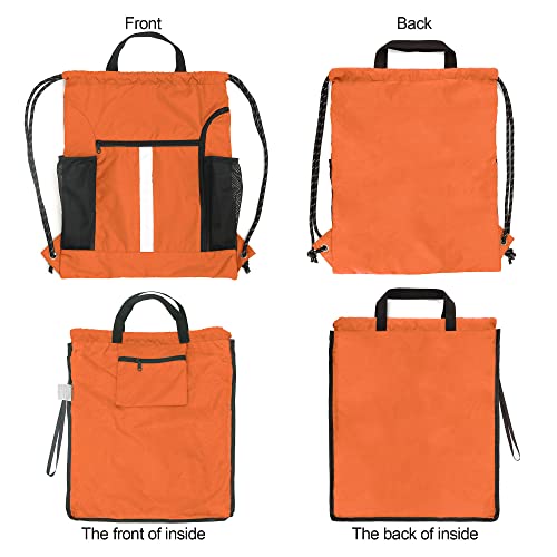 BeeGreen Orange Drawstring Backpack Bag Cinch Sack with Shoe Compartment and Two Side Mesh Pockets Lightweight Large Sturdy Drawstring Gym Sackpack For Unisex - color: Orange, style: Drawstring With Shoe Compartment