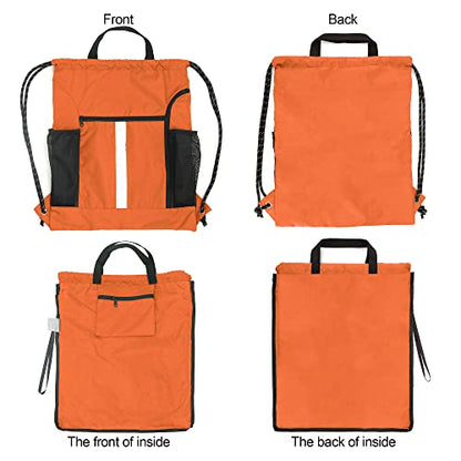 BeeGreen Orange Drawstring Backpack Bag Cinch Sack with Shoe Compartment and Two Side Mesh Pockets Lightweight Large Sturdy Drawstring Gym Sackpack For Unisex - color: Orange, style: Drawstring With Shoe Compartment