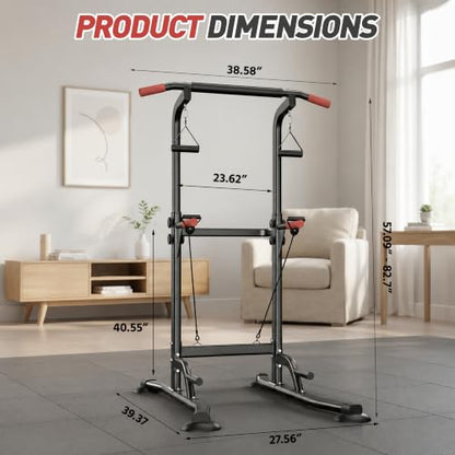 Power Tower Pull Up Bar Station, 350LBS Heavy Duty Multi-Function Alloy Steel Stable Dip Station for Home Gym Strength Training, Adjustable Height Workout Equipment with Resistance Bands