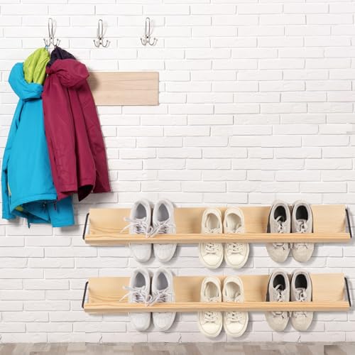 Mifoci 2 Pcs Wall Mounted Shoe Rack Organizer Wooden Modern Compact Wall Space Saving Shoe Holder Storage for Sneaker Footwear Slipper Boots Entryway Narrow Spaces Hallway(39.37'' Long) - size: 39.37'' Long