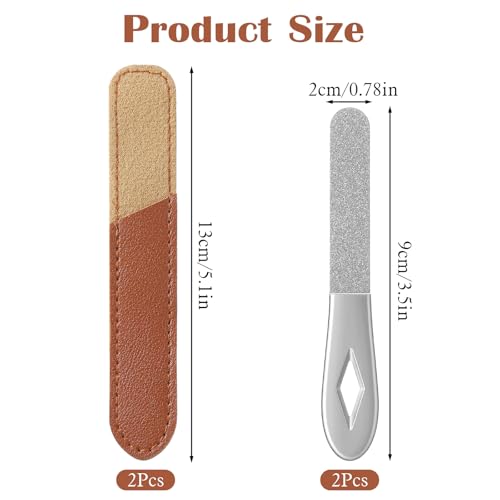 2 Pack Small Metal Nail File 3.5 in Mini Stainless Steel Manicure Filer Double Sided Fingernail Files with Anti-Slip Handle and Leather Case Travel Nail Filer for Men and Women, Silver