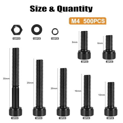 VGBUY 500Pcs M4 Screw Kit, Black M4 Screws (7 Sizes 6-30mm), Assorted Metric Nuts and Bolts Assortment Kit, Hex Socket Head Cap 6/8/12/16/20/25/30mm with Washer Nuts, 12.9 Grade - size: M4x6/8/12/16/20/25/30mm, style: Socket Head