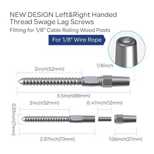 20 Pair Cable Railing Kit, Invisible Crimp Fitting Cable Railing Hardware, Right&Left Handed Thread Swage Lag Screws for Wood Post of 1/8'' T316 Steel Cable Railing System, HF016SL - color: Silver