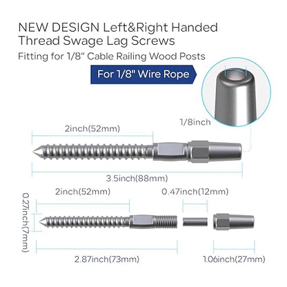 20 Pair Cable Railing Kit, Invisible Crimp Fitting Cable Railing Hardware, Right&Left Handed Thread Swage Lag Screws for Wood Post of 1/8'' T316 Steel Cable Railing System, HF016SL - color: Silver