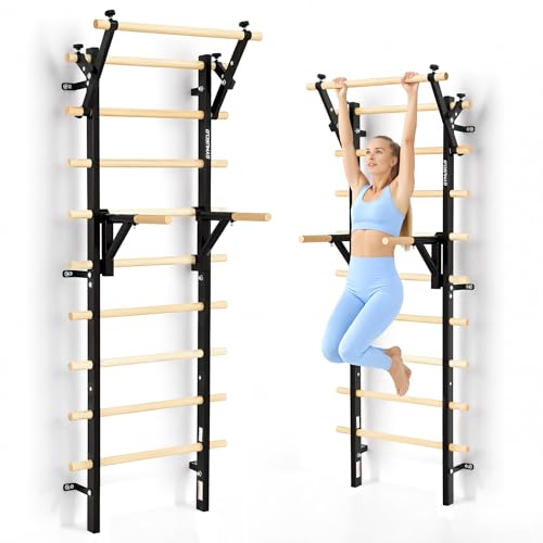 Wood Swedish Ladder Stall Bars with Adjustable Double Support Arms, Wooden Gymnastics Wall Climbing Bars for Home Gym, Exercise Rehabilitation, Hanging Pull Up & Core Balance Training Station