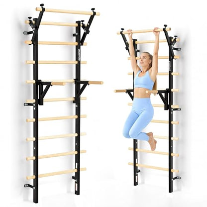 Wood Swedish Ladder Stall Bars with Adjustable Double Support Arms, Wooden Gymnastics Wall Climbing Bars for Home Gym, Exercise Rehabilitation, Hanging Pull Up & Core Balance Training Station