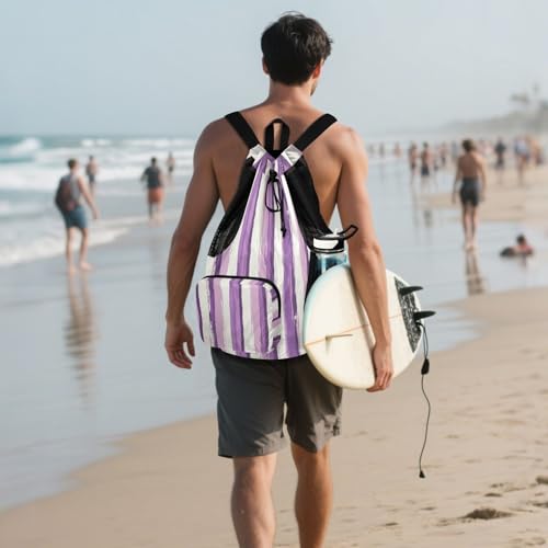 Drawstring Bags Climbing Gym Bag With Water Bottle Pocket String Bag Wet and Dry Separation Lavender Purple White Stripe Pattern Doodle Art