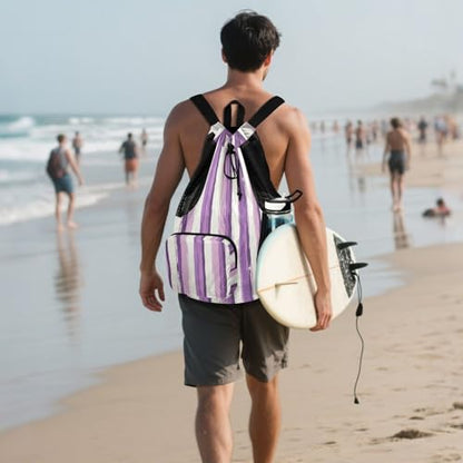 Drawstring Bags Climbing Gym Bag With Water Bottle Pocket String Bag Wet and Dry Separation Lavender Purple White Stripe Pattern Doodle Art