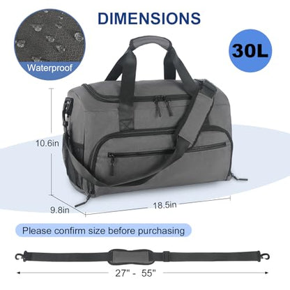 Gym Bag for Men Women, Sports Duffle Bag with Wet Pocket & Shoes Compartment, Water Resistant Overnight Weekender Bag Duffel Bag - color: Grey