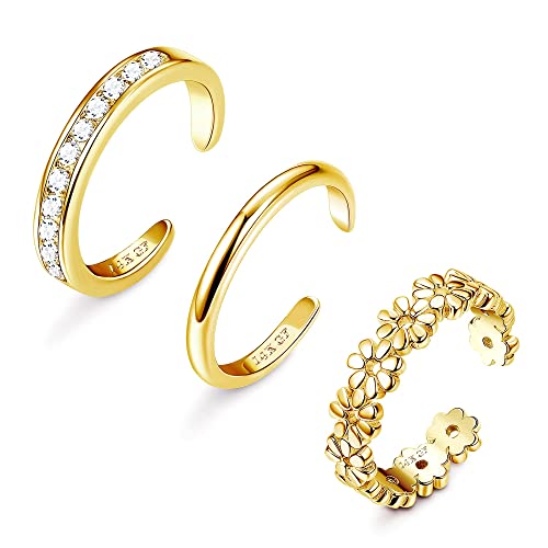 FIASASO 3Pcs Gold Filled Toe Rings for Women Non Tarnish 14K Gold Filled Toe Ring Adjustable Flower Cz Dainty Toe Ring Summer Beach Open Toe Rings Set Toe Jewelry Foot Jewelry - color: 14K GF