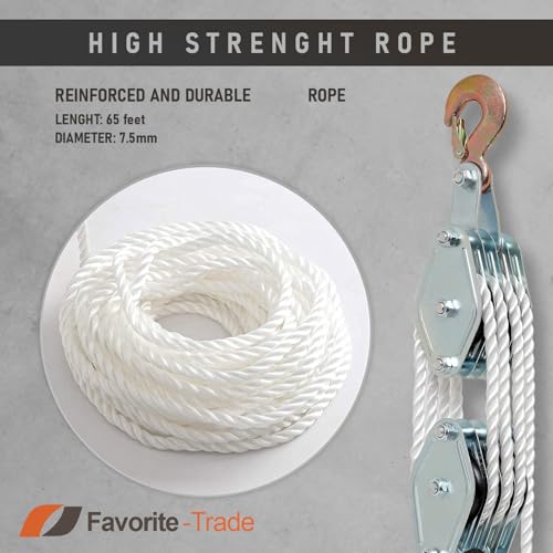 Poly Rope Hoist Pulley Block, 4000 LB 2 Ton 65 Feet of 3/8 “, 7:1 Lifting Power, Pulley Hoist for Lift Furniture, Motorcycles, Bicycles - color: Silver steel