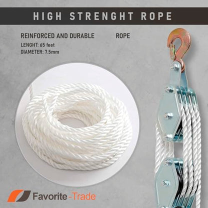 Poly Rope Hoist Pulley Block, 4000 LB 2 Ton 65 Feet of 3/8 “, 7:1 Lifting Power, Pulley Hoist for Lift Furniture, Motorcycles, Bicycles - color: Silver steel