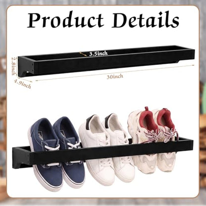 Wenqik 2 Pcs Wall Mounted Wooden Shoe Rack 30 Inch Rustic Wood Wall Hanging Shoe Rack Space Saving Footwear Holder Shoes Storage Organizer for Mudroom, Entryway, Closet (Black) - color: Black