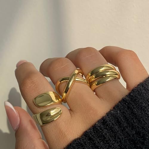YEEZII Chunky Gold Rings for Women Non Tarnish, 18K Gold Plated Stackable Thumb Ring, Statement Women Rings Set - color: Gold