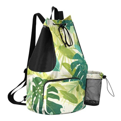 Drawstring Climbing Gym Bag With Pockets Mens Drawstring Bags with Wet Dry Compartments Watercolor Monstera Deliciosa Leaves Green