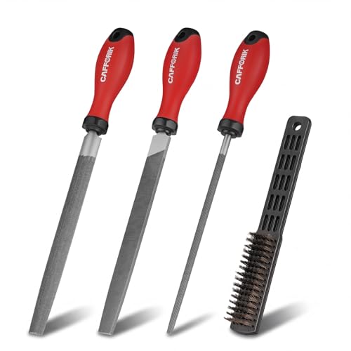 4PCS Metal File Set, 8-Inch, High-strength carbon steel file, Flat/Half round/Round steel file with Handle, Wire Brush, Hand Files Work for Metal, Wood and More