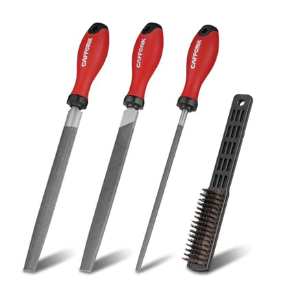 4PCS Metal File Set, 8-Inch, High-strength carbon steel file, Flat/Half round/Round steel file with Handle, Wire Brush, Hand Files Work for Metal, Wood and More