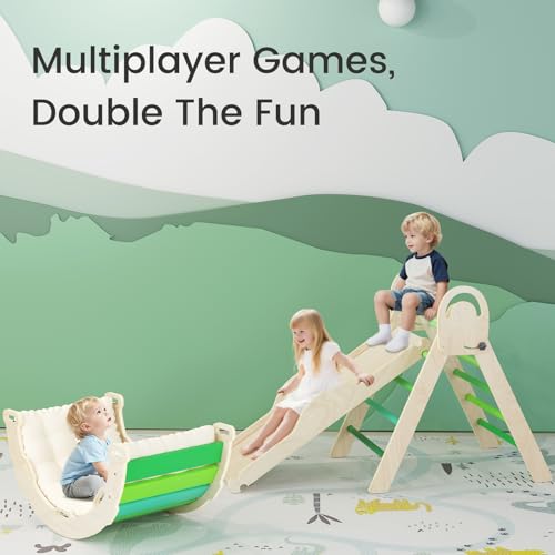 Pikler Triangle Set, Baby Climbing Playset Toys Indoor, Jungle Gyms for Toddlers Ages 1-4, Toddler Climbing Playground with Cushion & Toy Car - color: Green