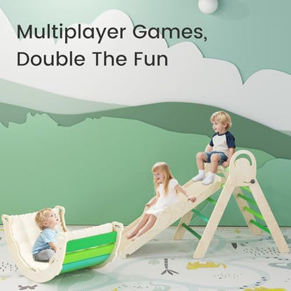 Pikler Triangle Set, Baby Climbing Playset Toys Indoor, Jungle Gyms for Toddlers Ages 1-4, Toddler Climbing Playground with Cushion & Toy Car - color: Green