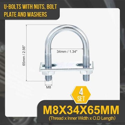DTGN M8x34x65mm U Bolts Round Kit - 4Set - Carbon Steel U-Bolt Kit with Nuts, Washers, Frame Plate - Good for Pipe, Trailer, Automotive, Leaf Spring Fastener - size: M8x34x65mm
