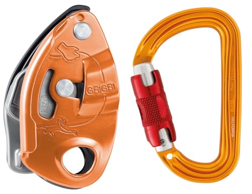 PETZL GRIGRI Rock Climbing Belay Device | With Cam-Assisted Blocking for Sport, Trad, & Top-Rope Climbing - color: Red/Orange + Sm'D TWIST-LOCK, size: One Size