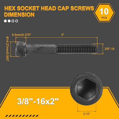 DTGN 3/8"-16x2 Socket Head Cap Screws Bolts - 10Pack - Good for Road Bicycle, Mountain Bike, Auto, Motorcycle - Carbon Steel Hex Head Metric Screws, Black - size: 3/8"-16x2"
