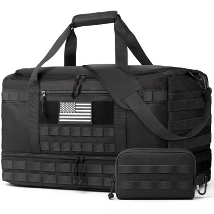 HOTOR Tactical Travel Duffel Bags for Men & Women with MOLLE Toiletry Pouch | 45L, Overnight, Weekender, Gym, Camping, Shoe Compartment, Carry-On Friendly, Versatile, Black, 22.0" x 12.6" x 9.0"