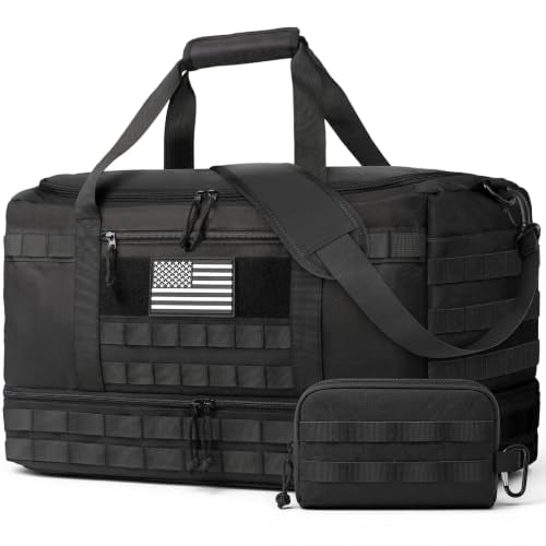 HOTOR Tactical Travel Duffel Bags for Men & Women with MOLLE Toiletry Pouch | 45L, Overnight, Weekender, Gym, Camping, Shoe Compartment, Carry-On Friendly, Versatile, Black, 22.0" x 12.6" x 9.0"