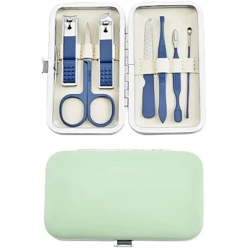Fingernail-Clippers Handheld Sized Nail Clippers Set Tools, Manicure Set Professional Stainless Steel Travel Case 7 in 1 for Men Women (Blue) - color: Blue