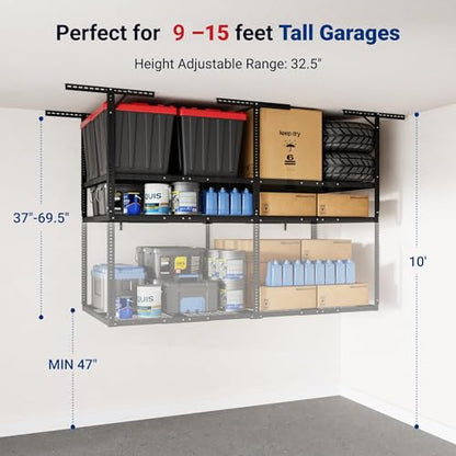 FLEXIMOUNTS 4x8 2-Tier Garage Ceiling Storage Rack, Black | 1000 lbs Capacity, Adjustable Height Overhead System, Heavy Duty Metal Shelving, Ideal for 9-15 ft High Ceilings