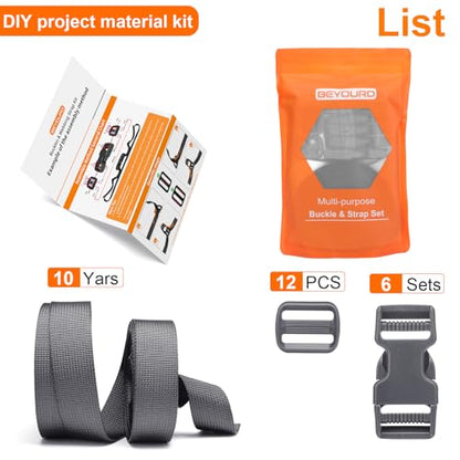 BEYOURD 1 inch Buckles and Strap Set: 10 Yards Polyester Webbing Strapping, 6 Pack Dual Adjustable Side Release Plastic Buckles, 12 PCS Tri-Glide Slider Clips for Backpack Repair, Gray - color: Medium Gray